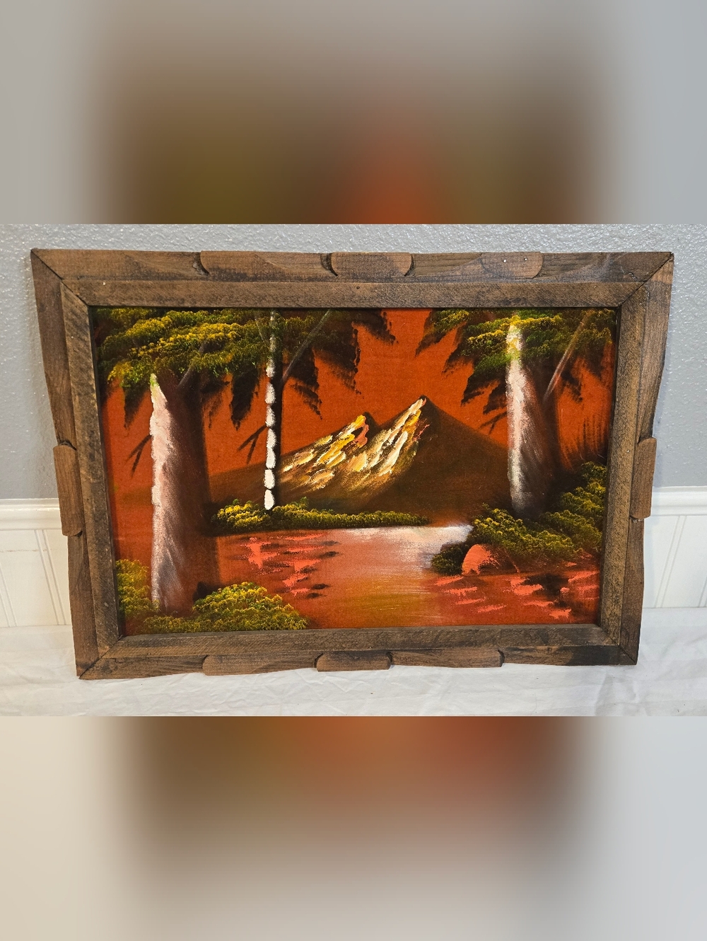 Vintage Velvet Ship & Volcano Oil Paintings - Set Of 2 - Picture 2 of 5